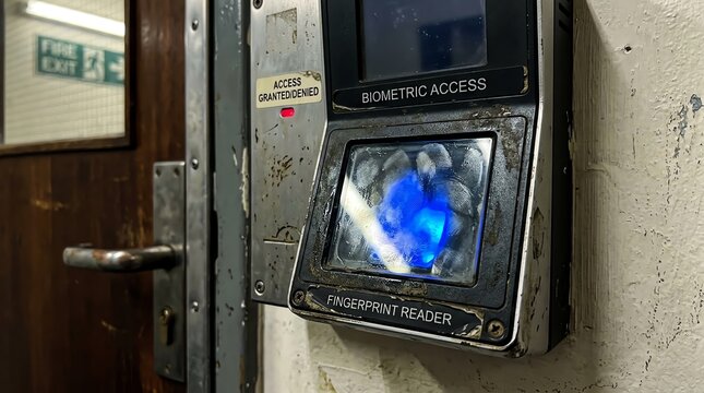 Biometric fingerprint reader on worn industrial wall