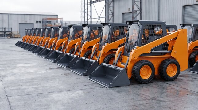 A fleet of orange skid steer loaders parked in an industrial factory lot.