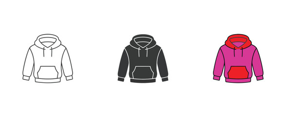 Casual Hoodie Sweatshirt And Streetwear Fashion Apparel Icon Set With Youth Winter Outerwear, Sportswear Fleece, Pocket Jumper, Clothing Symbols, And Editable Vector Illustration Collection. © Mobarok Hossen Munna