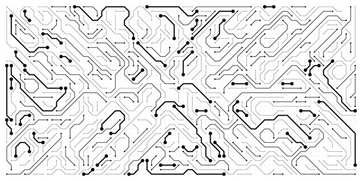 High-tech black vector circuit board layout with bold signal tracks and terminal pads on clean white background for digital communication designs