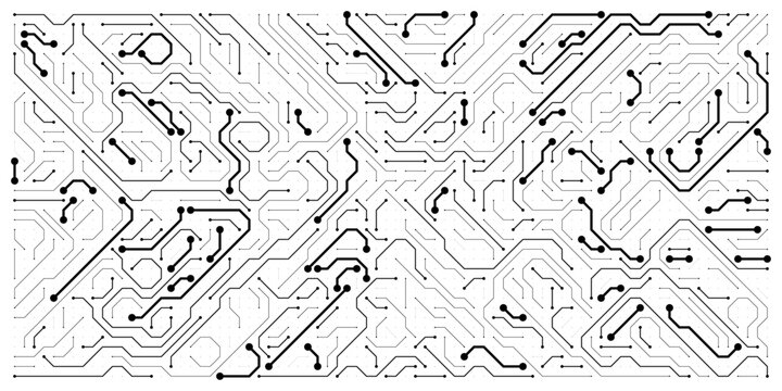 Modern microelectronics circuit board vector layout featuring thick signal buses and fine wireframe traces on a clean white background