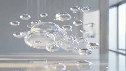 Fototapeta premium Modern transparent glass bubble installation hanging in a bright contemporary minimal interior space