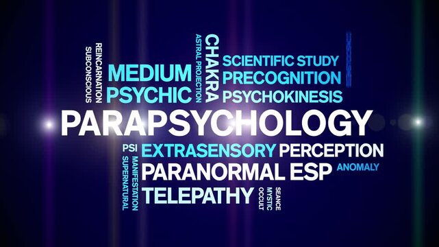 Parapsychology animated word cloud-animation tag kinetic typography seamless loop.