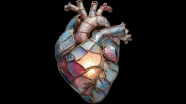 Anatomically correct stained glass heart with iridescent light, mystical and eldritch design, colorful refracted tones, glowing translucent details, surreal artistic concept