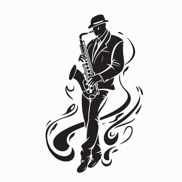 Jazz Saxophonist Silhouette Vector Design Isolated On White Background