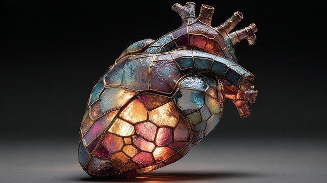 Anatomically correct stained glass heart with iridescent light, mystical and eldritch design, colorful refracted tones, glowing translucent details, surreal artistic concept