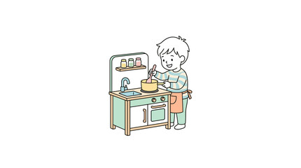 Child happily playing with toy kitchen set