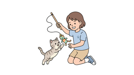 Child playing with kitten and toy on stick