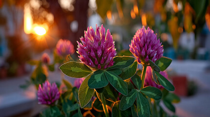 Obraz premium Purple clover flowers blooming at sunset with wildflowers blooming outdoors botanical sunlight