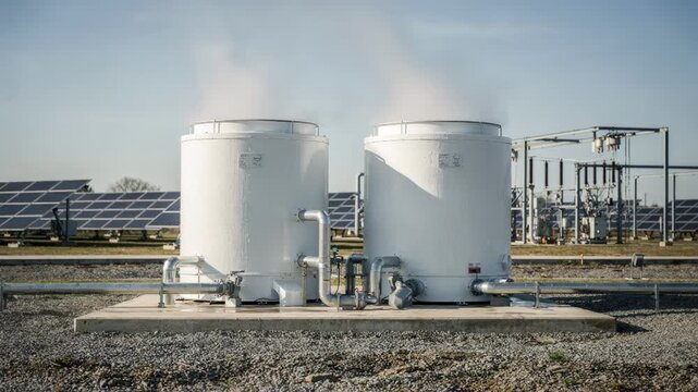 Medium shot of evaporative cooling towers at a green data center with blurred solar panels and power systems in the background.