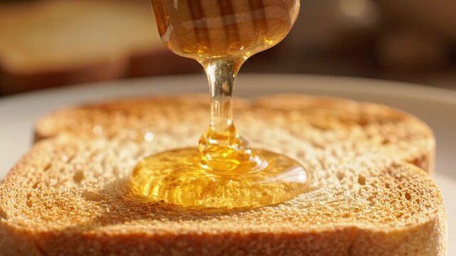Fresh Golden Honey Drizzling Over Warm Crispy Toasted Bread for a Delicious Breakfast Meal