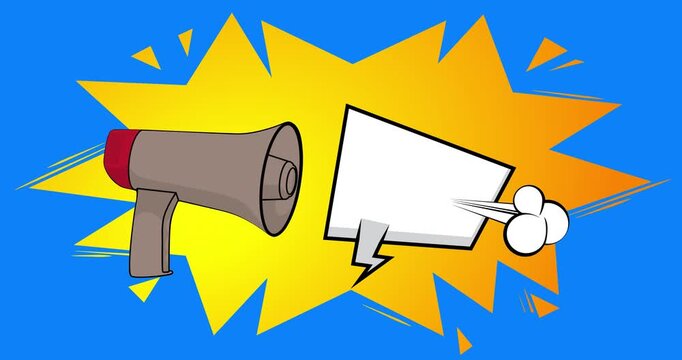 Cartoon Megaphone with blank speech bubble, comic book announcement, attention concept video. Retro comics pop art animation.