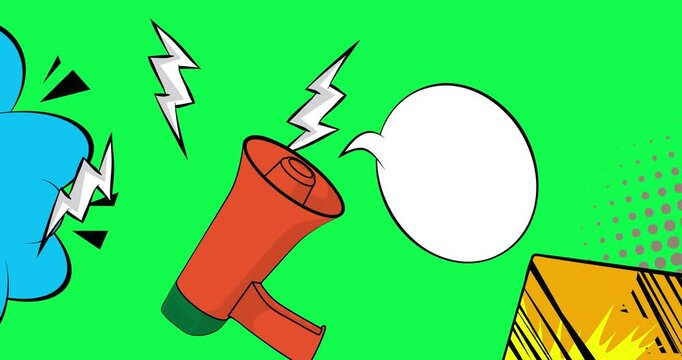 Cartoon Megaphone with blank speech bubble, comic book announcement, attention concept video. Retro comics pop art animation.