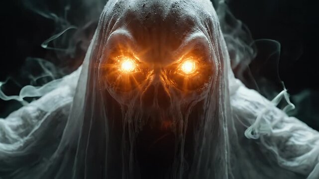 Spooky Ghost with Glowing Eyes in Dark - A frightening white ghost with glowing orange eyes floats ominously in a dark, smoky atmosphere.