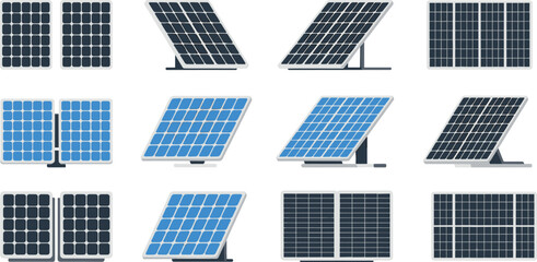 Set of various solar panel system designs flat vector illustration isolated on white background for renewable energy concepts © Vumika