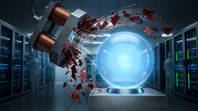 Glowing blue sphere and shattering metal in server room