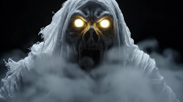 Spooky White Ghost Floating in Darkness - A terrifying white ghost with glowing yellow eyes and an open mouth floats ominously in a dark, misty environment.