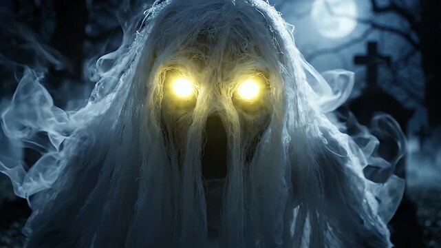 Spooky White Ghost with Glowing Eyes in Dark Graveyard - A terrifying white ghost with glowing yellow eyes hovers eerily in a dark, moonlit graveyard.