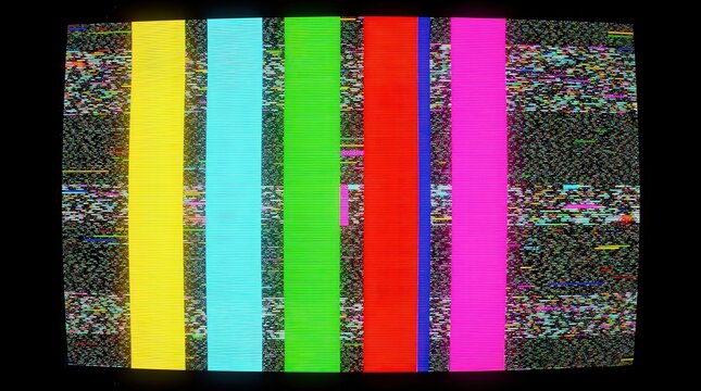 A retro television screen displaying colorful vertical test bars with static noise on the sides.