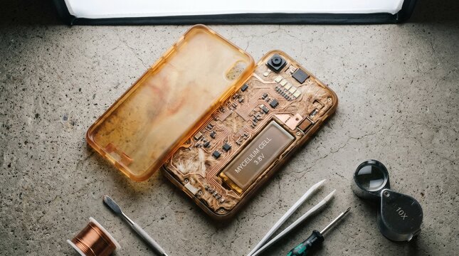Disassembled smartphone revealing mycelium bio-circuitry and sustainable cell, surrounded by repair tools on a concrete surface.