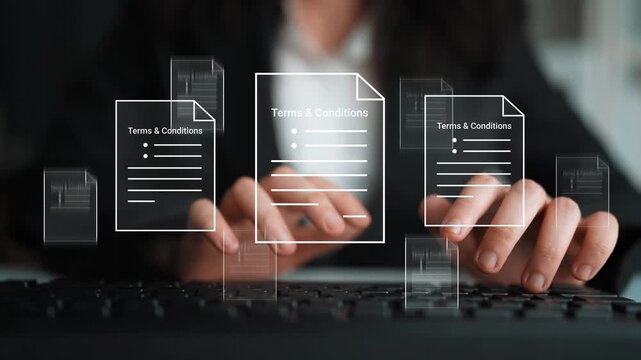 Business professional reviewing digital terms and conditions documents with virtual interface on keyboard in modern office environment Gluon.