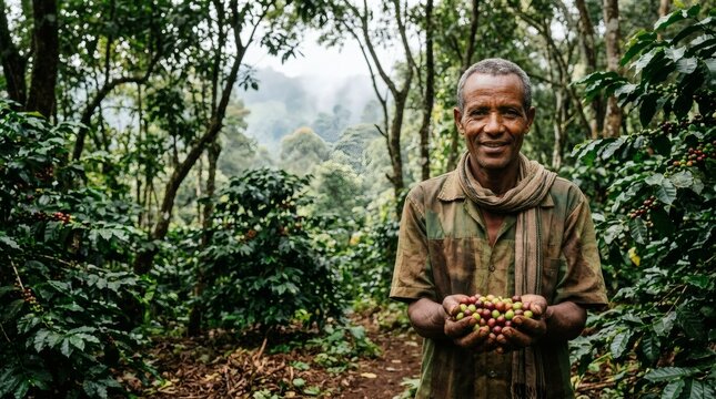 Happy coffee farmer holds a handful of fresh coffee cherries, representing sustainable harvesting and quality produce.