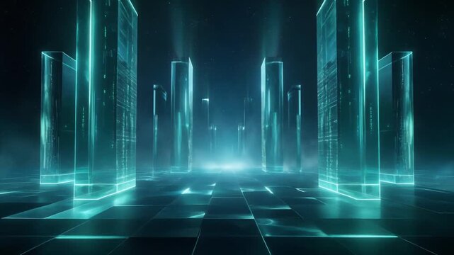 Futuristic holographic glass panels float in deep space, cyan data streams refract through crystal surfaces, creating caustic light patterns with volumetric haze and cinematic depth