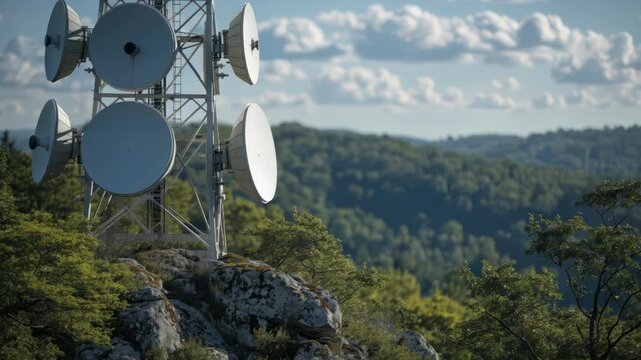 Focused medium shot of a microwave tower perched on a wooded hilltop surrounded by outoffocus dense forest and distant hills.