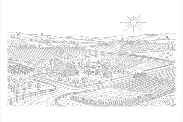 Obraz premium Vintage Autumn Vineyard Landscape Sketch with Rural Village, Old Architecture, Trees and River View in Hand Drawn Vector Illustration Style