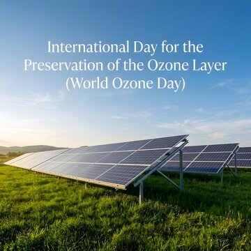 Solar panels at a green field for the international day for the preservation of ozone