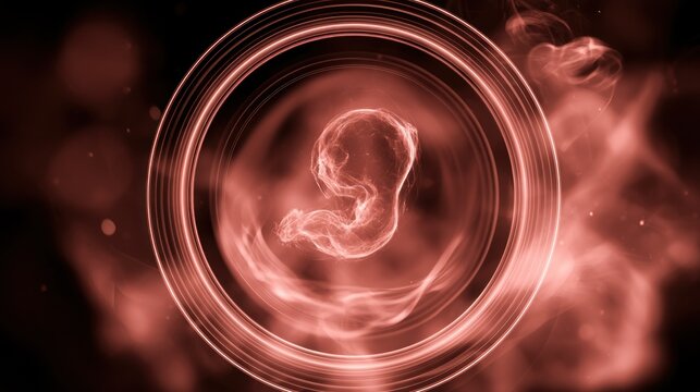 Abstract embryo in glowing circle on dark background