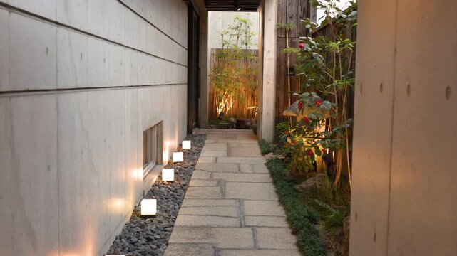 Modern Japanese Stone Path with Zen Garden and Lantern Lighting