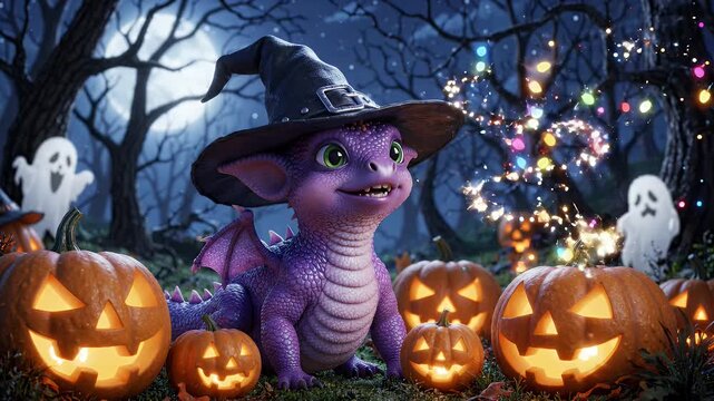 Cute Purple Dragon with Witch Hat at Halloween Night - A charming purple dragon adorned with a witch hat sits amongst glowing jack-o'-lanterns on a mystical Halloween night.