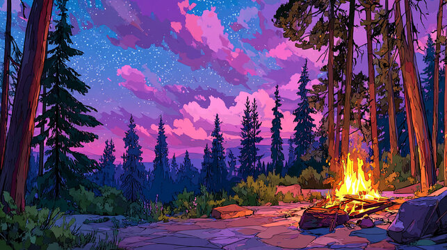 Purple sunset over a forest campfire scene with campfire outdoors wilderness landscape vacation