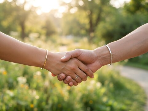 Two people shaking hands in a green garden park representing a business deal or agreement