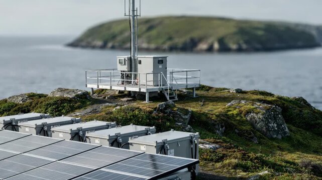 Solarpowered remote tower positioned on an island landscape detailed battery units and panel arrays in focus surrounded by softly blurred ocean and greenery.