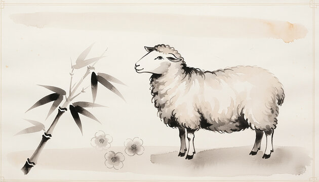 Japanese Ink Wash Painting of a Sheep and Bamboo Generative AI