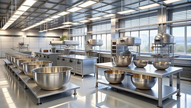 A sleek and spotless modern bakery production area with stainless steel equipment stands out amidst rows of gleaming mixing bowls and baking utensils