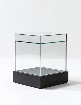 Clear glass display cube on a dark pedestal against white