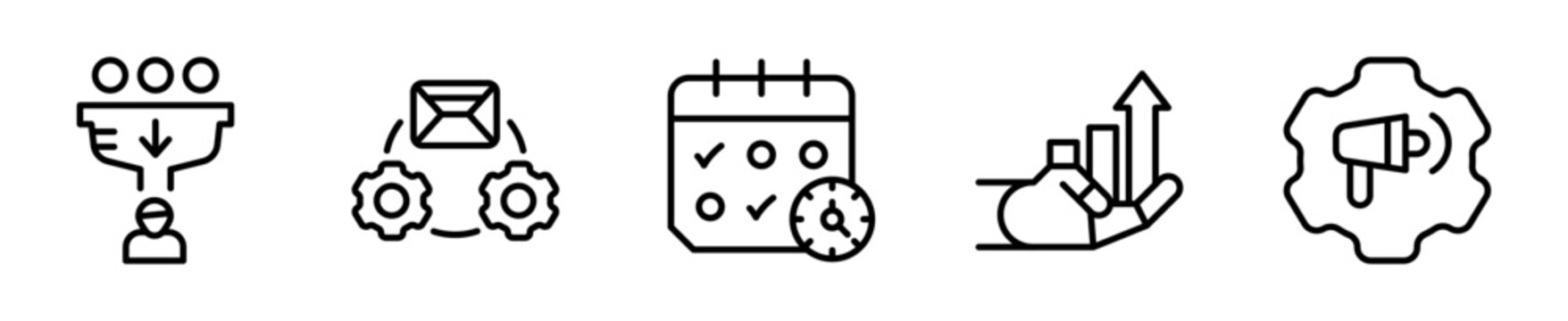 Set de Iconos Automatizaci&oacute;n Marketing Digital Ventas 5 Piezas Outline Vector