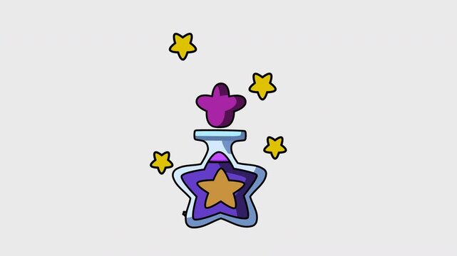 Seamless Loop Star Potion Bottle Animation with Glowing Hearts and Alpha Channel, Cartoon Magic Elixir 2D Vector Motion Graphics