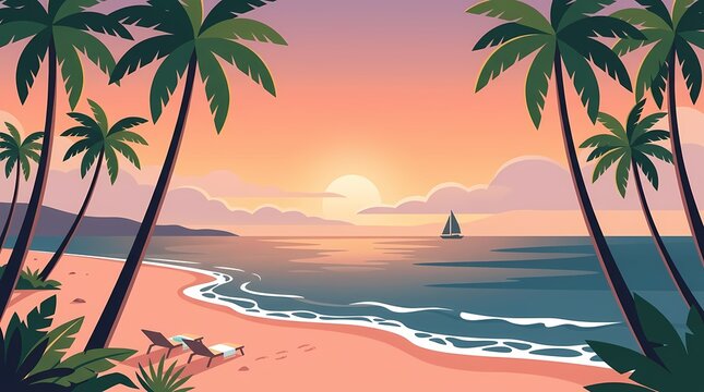 Tropical beach at sunset framed by tall palm trees with beach loungers, gentle ocean waves, and a sailboat on the horizon in a clean flat vector illustration.