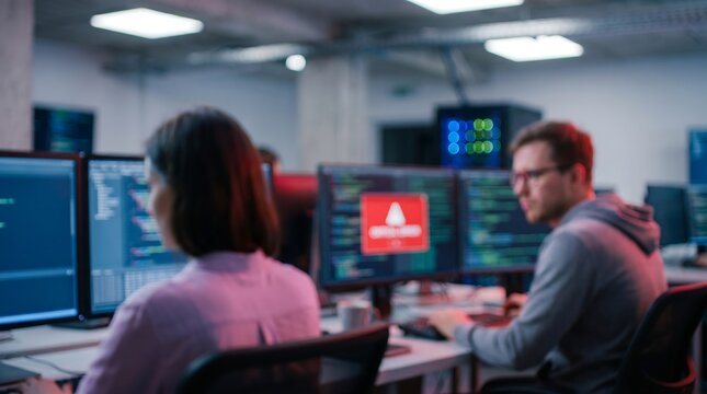 Team of software engineers working together on complex coding tasks with critical error alert displayed on workstation monitor in modern technology office workspace environment