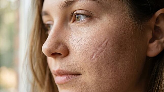 Woman with facial scar showing natural beauty, confidence and self acceptance concept