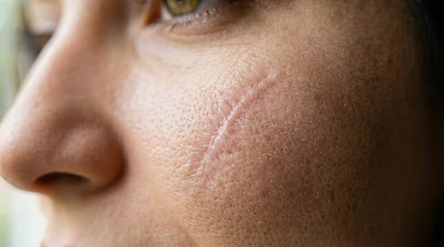 Woman with facial scar showing natural beauty, confidence and self acceptance concept