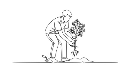 Obraz premium Gardener Planting Sapling, Continuous Line Art