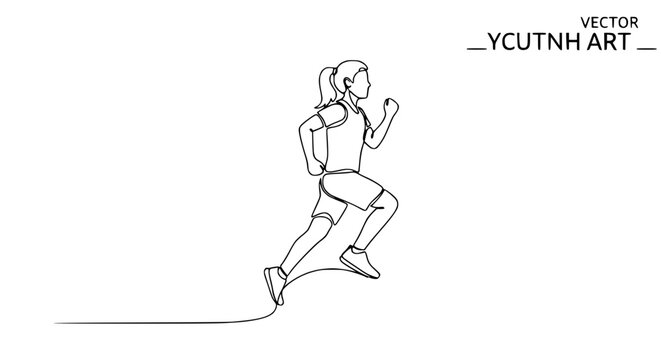 Woman runner, continuous line drawing, athletic woman running in sportswear, dynamic motion