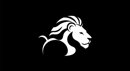 Fototapeta premium Minimalist white lion logo profile on black background. High-contrast stylized feline head design.