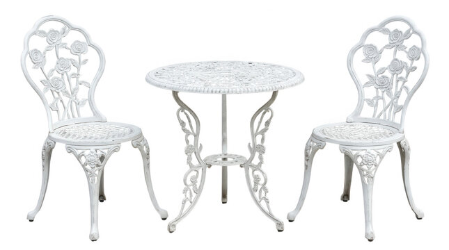 White metal bistro set with a small round table and two decorative chairs for a patio garden or cafe outdoor space isolated on transparent background