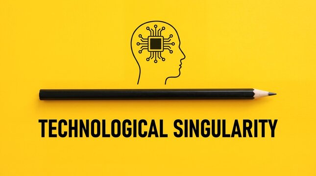 Technological singularity text written below a black pencil and human head outline icon with circuit board pattern inside symbolizing artificial intelligence and futuristic modern innovation
